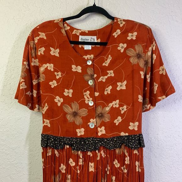 CACTUS FLOWER Dress Vintage V-Neck Ruffle Tiered Floral Western‎ Broom Style - Picture 4 of 12